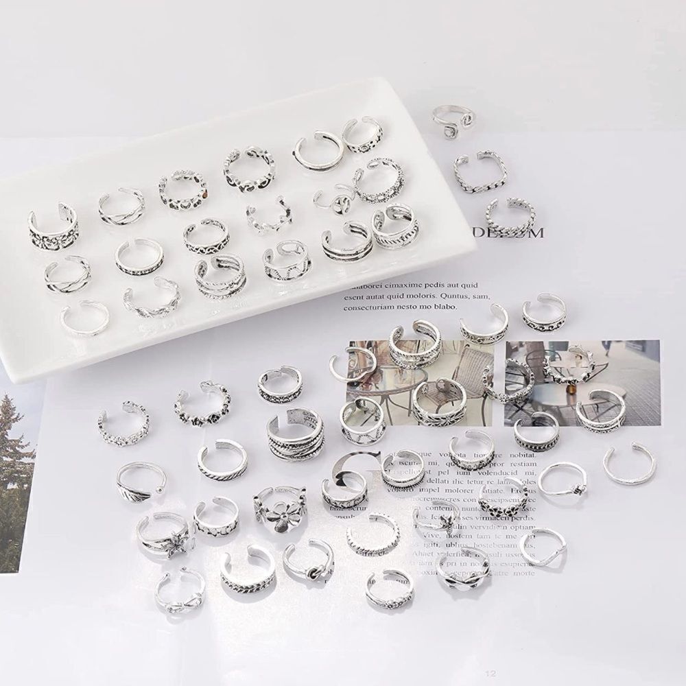 Silver Adjustable Boho Open Toe Rings - Set of 54 - Picture 6 of 9